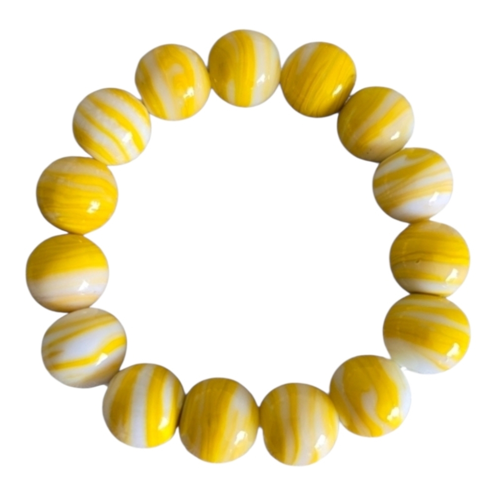 Glass Beaded Yellow  White Elastic Stretch Bracelet 10MM